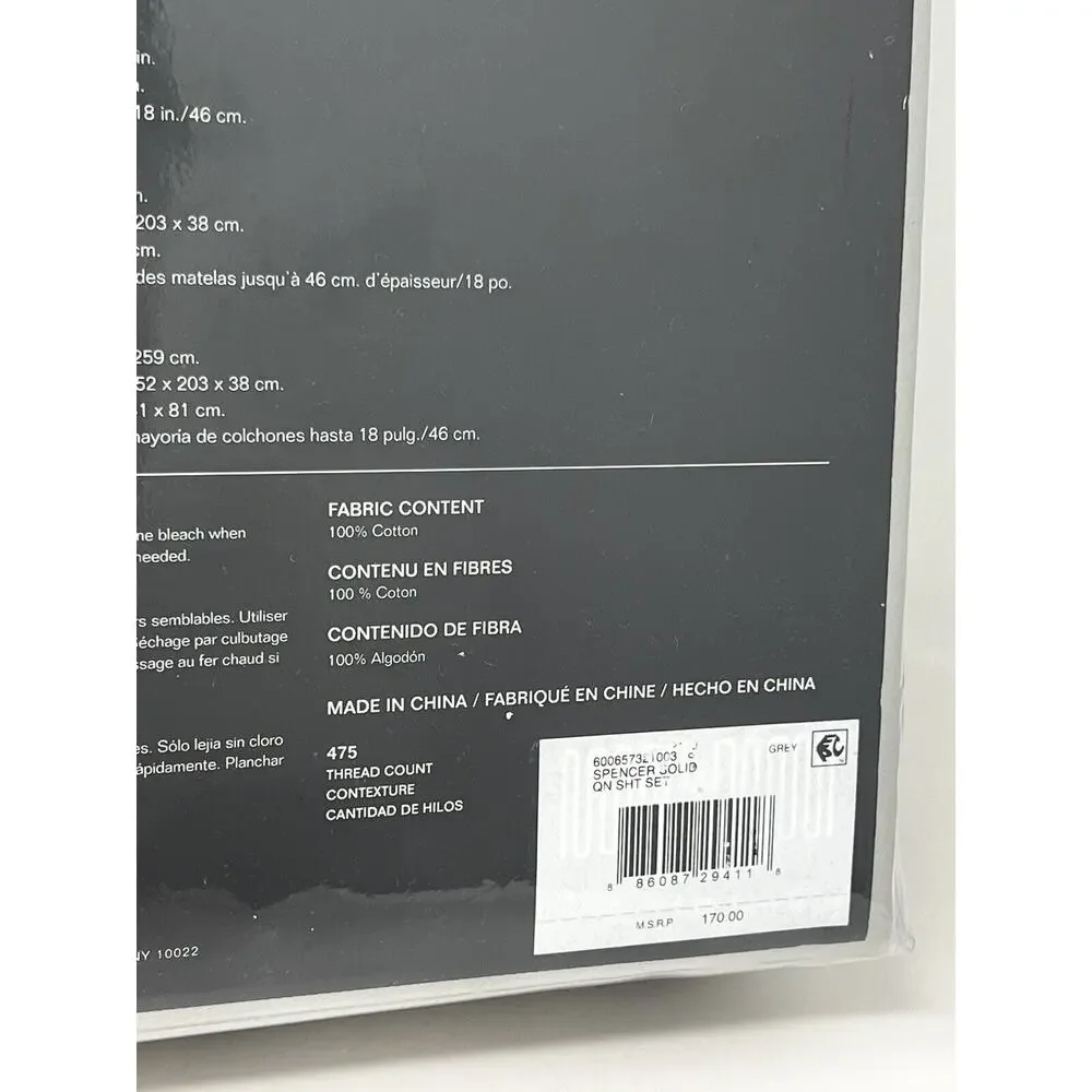 Ralph Lauren Queen Spencer Solid 475 TC Thread-Count Sateen Sheet Set Gray Grey
